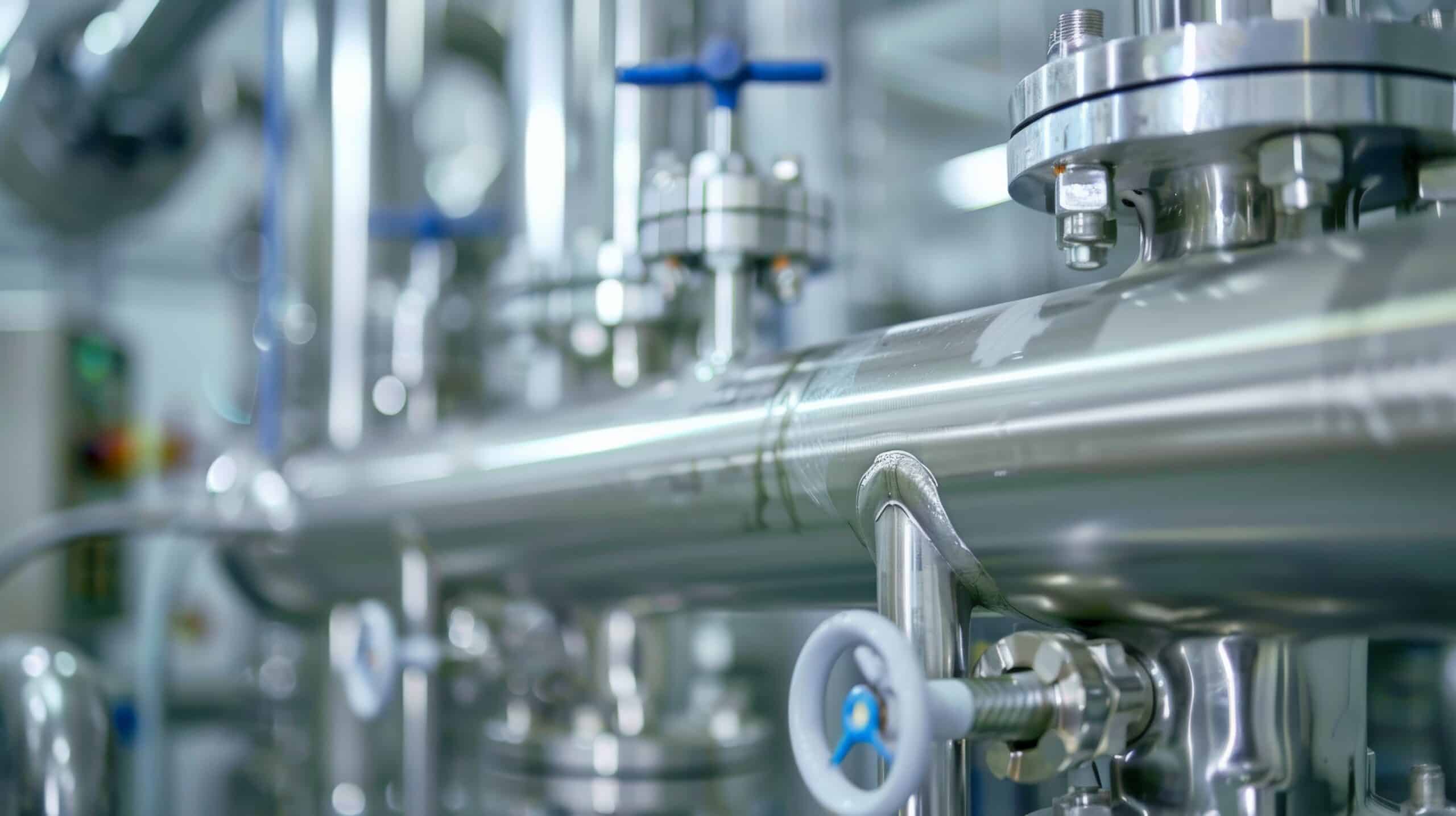 A clean and organized pharmaceutical plant where steel pipelines and valves are part of a sterile environment